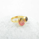 Multi Stone Ring-Bio Tourmaline Quartz 8x10mm Oval & Smoky Quartz 6x6mm Round Sterling Silver Ring-Gold Plated Ring-Gemstone Ring-Gift Ring
